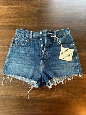 MOTHER Distressed High-Rise Denim Shorts in Medium Blue